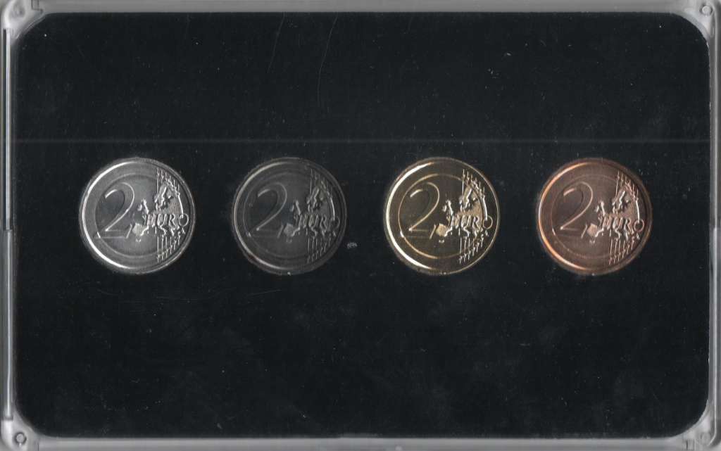 (2011-2012, 4 монеты по 2 Евро) Набор монет Сан-Марино 2011-2012 год &quot;В разных металлах&quot;   Коробка